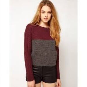 VILA Clothes Maroon & Grey Ella Knit Crew Neck Colorblock Sweater Top Size Small